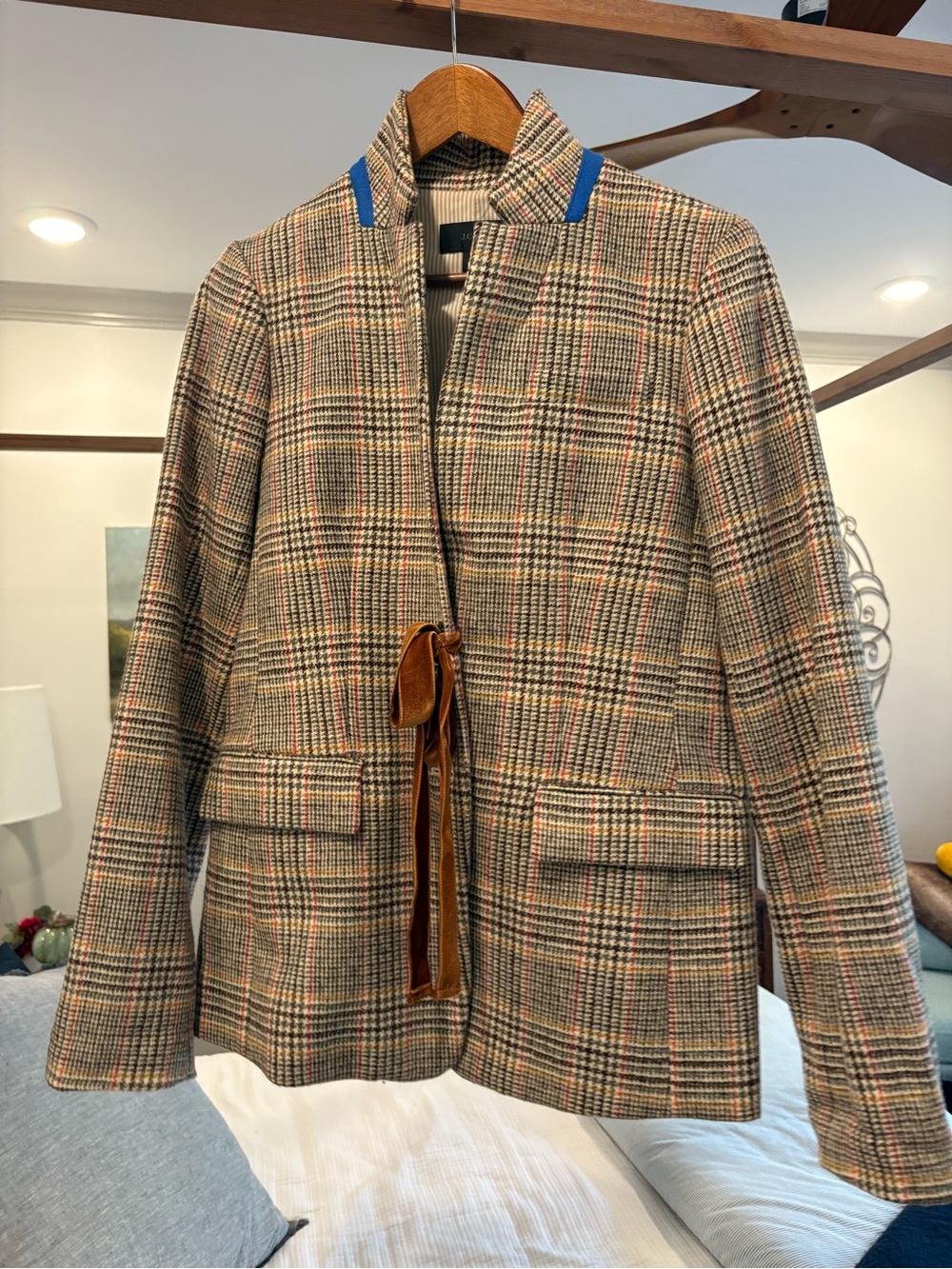 Women’s Plaid Wool-Blend Jacket with Tan Trim